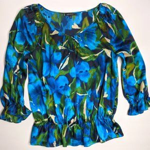 Anne Klein Dk Green & Turquoise Blouson Floral Top